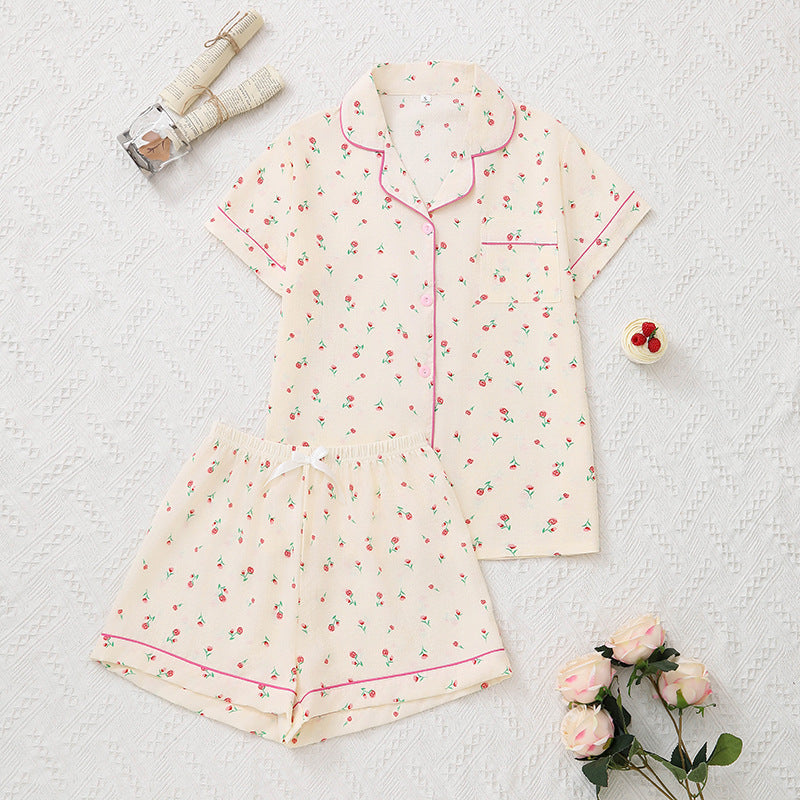 Summer Bubble Wrinkle Pink Floral Cute Cartoon Short Sleeve Shorts Women Thin Homewear Two Piece Sets Bella Mia