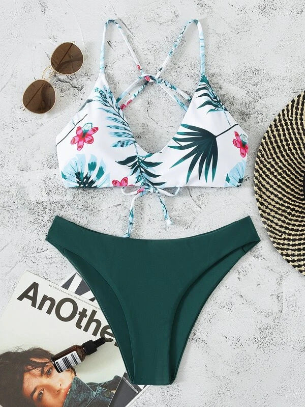 Bikini Swimsuit Criss Cross Split Floral Bikini U Shaped Decorative Swimming Tide Swimsuit