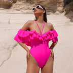 Solid Color Double Layer Ruffled Deep V Plunge Spaghetti Straps One Piece Swimsuit Women Swimsuit Bella Mia