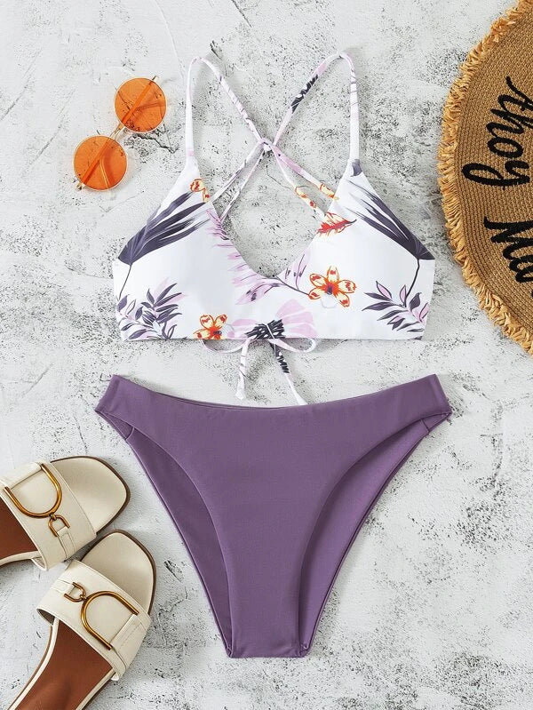 Bikini Swimsuit Criss Cross Split Floral Bikini U Shaped Decorative Swimming Tide Swimsuit