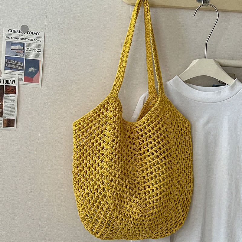 Casual Large Capacity Cotton Thread Woven Bag Hollow Out Cutout Straw Bag Idle Shoulder Bag Vacation Beach Bag Women Bag Bella Mia