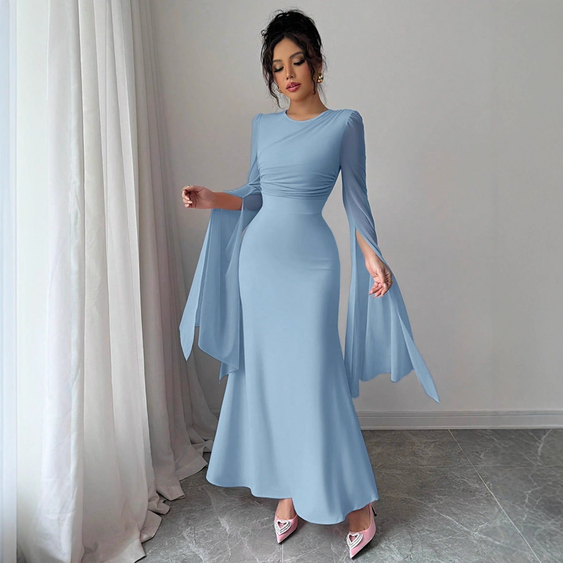 Spring Stitching Mesh Large Swing Sleeves Sexy Slim Fit Fishtail Dress Bella Mia