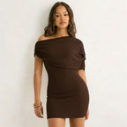 Spring Women Clothing Solid Color Asymmetric Slim Fit Oblique Shoulder Dress Short Dress Bella Mia