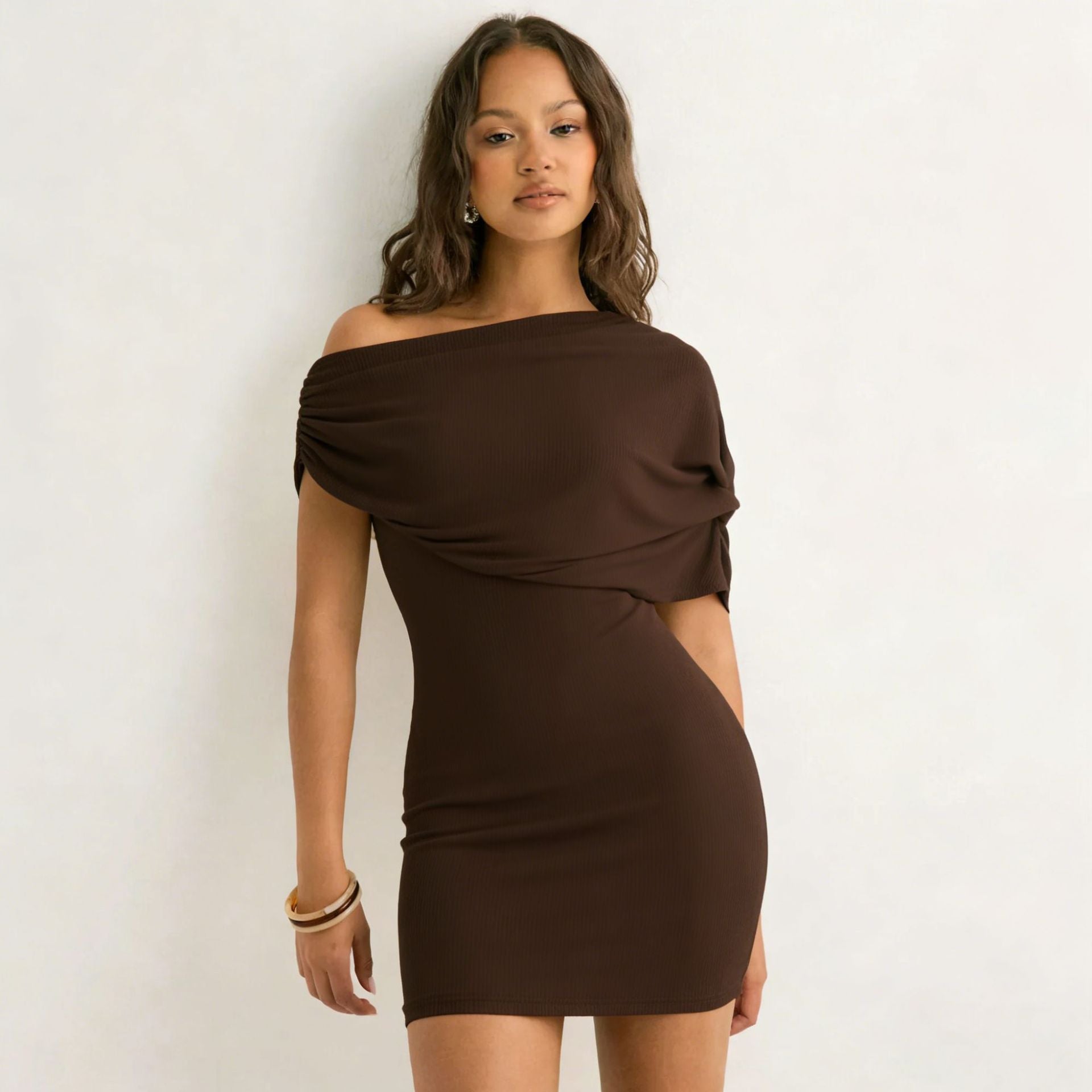 Spring Women Clothing Solid Color Asymmetric Slim Fit Oblique Shoulder Dress Short Dress Bella Mia