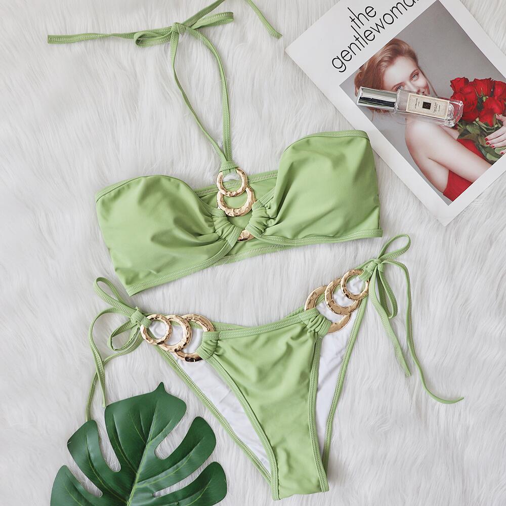 New Sexy Swimsuit Metal Accessories Hollow Out Cutout Bikini Solid Color Tube-Top Strap Women Swimsuit Bella Mia