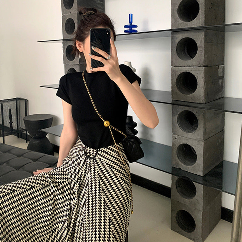 White T shirt Women Shoulder Short Sleeve Slimming round Neck Cotton Bandage Dress Bottoming Top Bella Mia