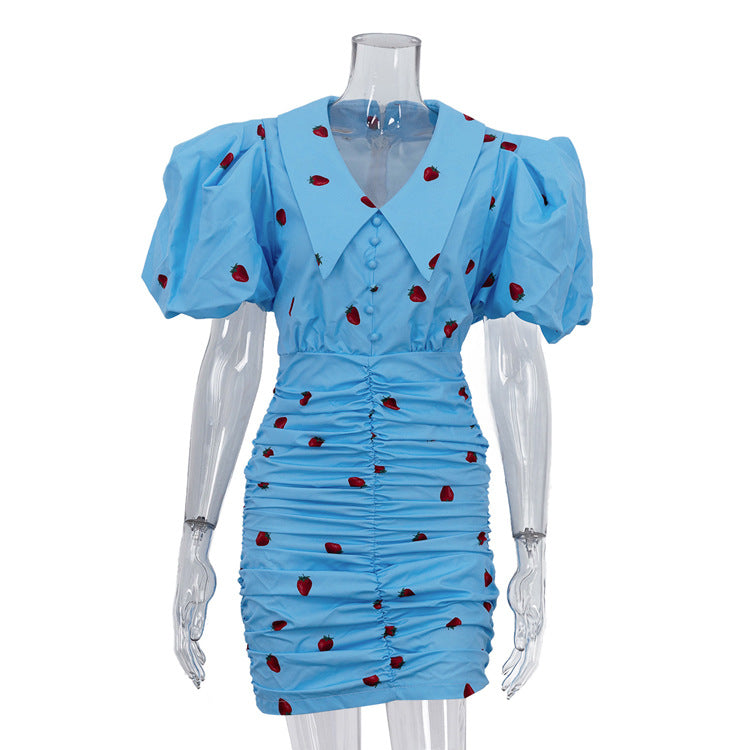 Summer Printed Short Dress Women Clothing Collared Puff Sleeve Pleated Hip Bella Mia