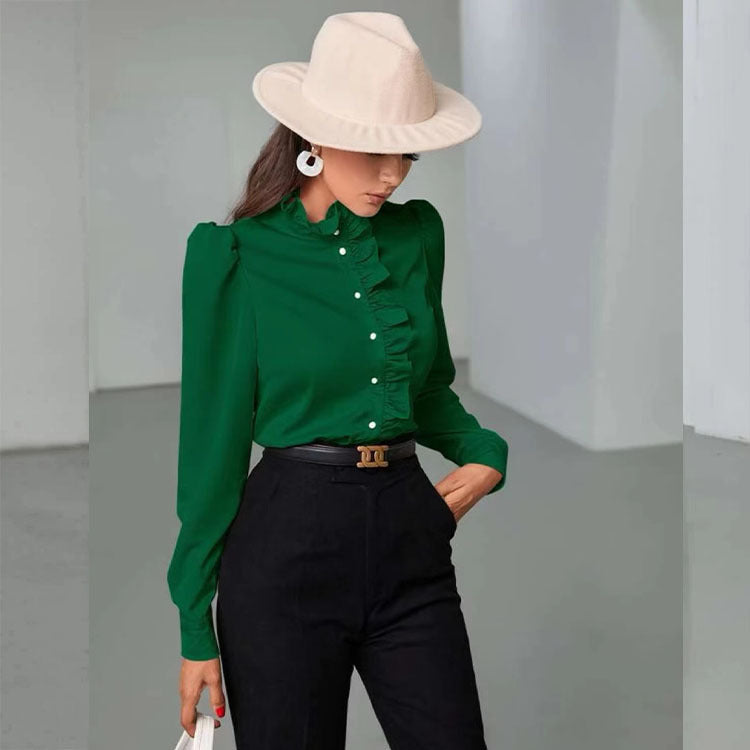 Women Shirt Autumn High Grade Acetate Fabric Shirt Half Sleeve Ruffled Straight Women Top Bella Mia