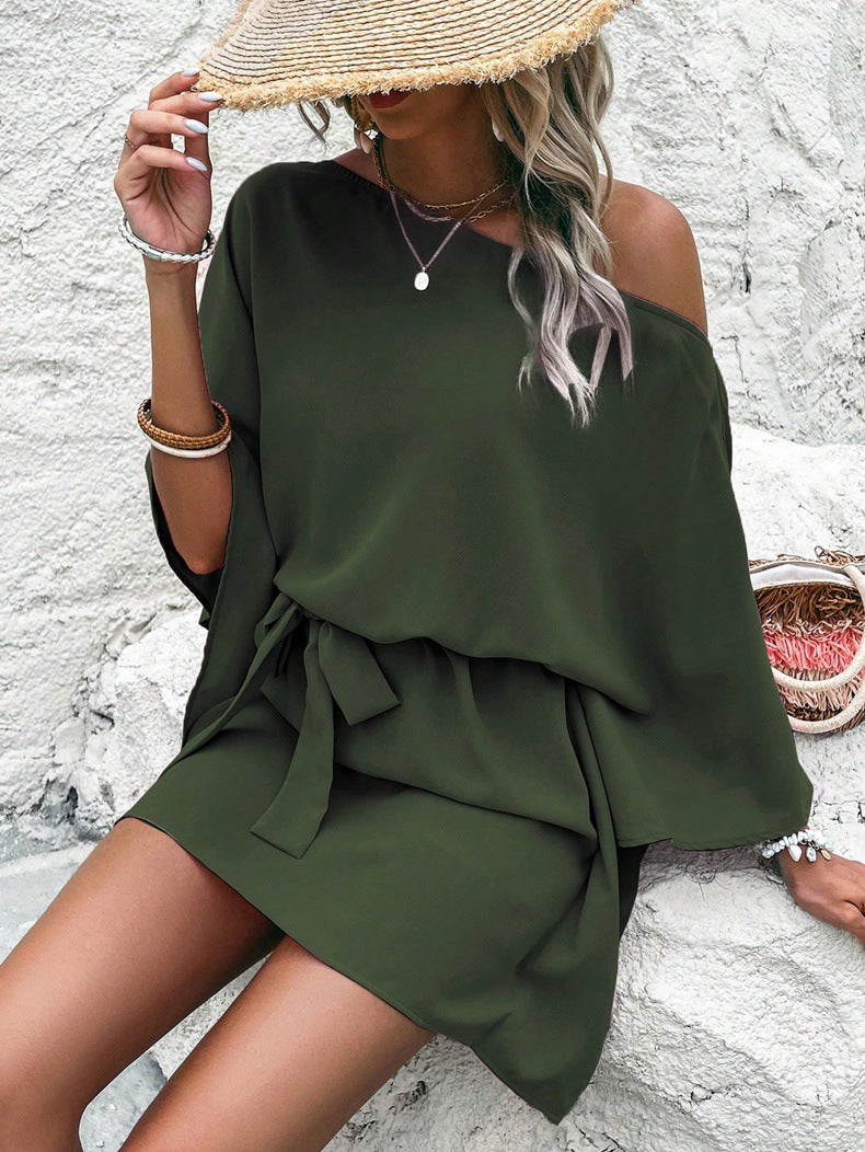 Women Clothing Satin off Shoulder Satin Dress Asymmetric High Waist Dress Bella Mia