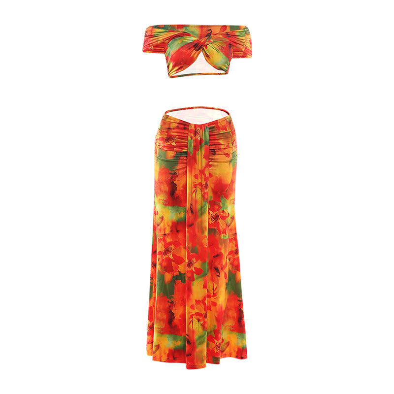 Women Spring Clothing Pattern Print Sexy Drop Shoulder Hollow Out Cutout Low Waist Cropped Skirt Set Bella Mia