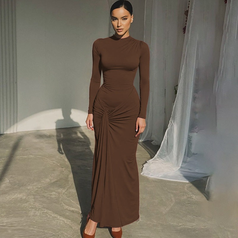Women Clothing Summer Waist Controlled Lace up Sheath Dress Solid Color Slim Fit Long Sleeves Dress Bella Mia