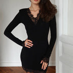 Adult Lady like Woman Autumn Winter V neck Lace Stitching Black Sexy Tight Milk Silk Hip Elegant Dress Bella Mia
