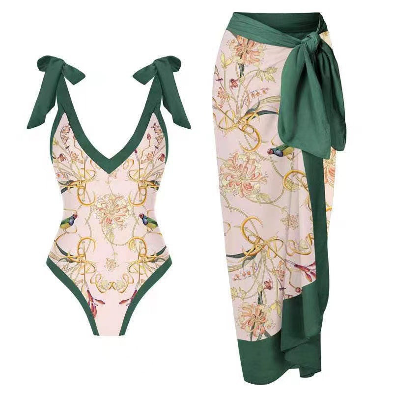 One Piece Bikini Slimming Retro Chiffon Maxi Dress Sunscreen Retro Print Swimsuit Two Piece Bella Mia