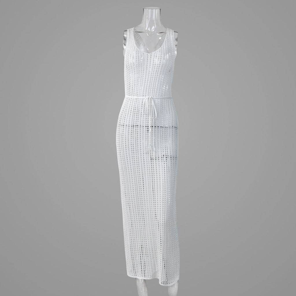 Vacation Beach Sexy Smock Dress Hollow Out Cutout Out See Through Backless Knitted Dress Women