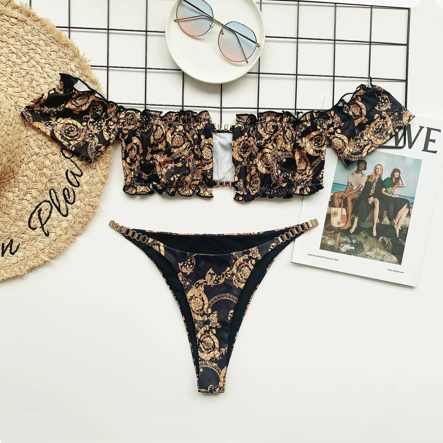 European and American Ins Beach Hollow Two-Piece Swimsuit Vintage Printed Bikini Sexy Bandeau Bikini Hot Spring Swimsuit LUXLIFE BRANDS