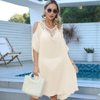 Women Blouse Women Clothing Hand Crocheting Stitching Sexy Backless Off Shoulder Lace Up Beach Dress Overclothes Dress Bella Mia