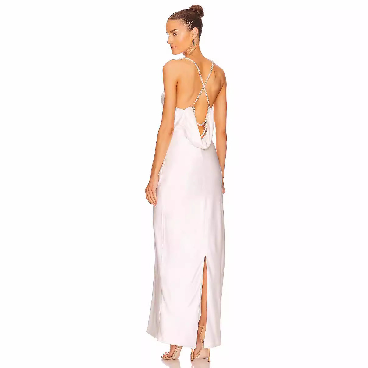 French White Bead Necklace Evening Dress Silk Satin Texture Women Sexy Backless Elegant Party Dress Bella Mia