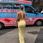 Women Clothing Summer Sexy V neck Halter Backless High Waist Slim Solid Color Dress Bella Mia