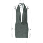 Women Clothing Winter Sexy V neck Backless Lace up Wool Dress Bella Mia