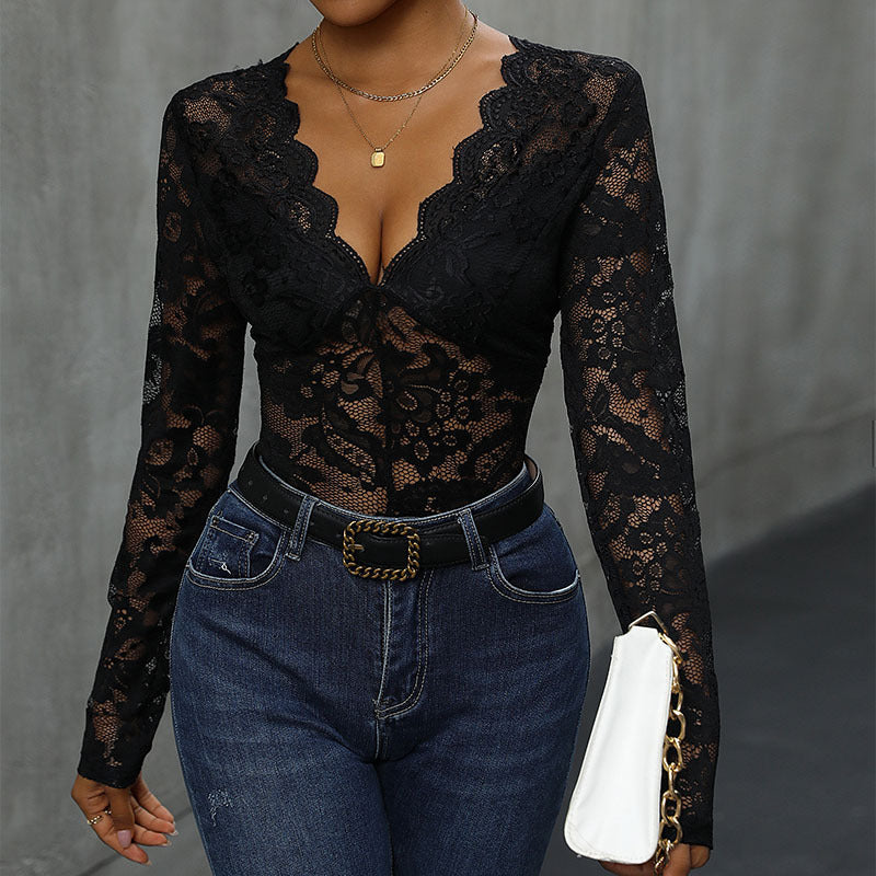 Fall Women Clothing Solid Color Long Sleeve Lace Stitching One Piece Bella Mia