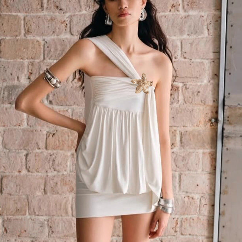 Women Clothing Summer Sexy Solid Color Oblique Shoulder Floral Chest Cover Hip Dress Bella Mia