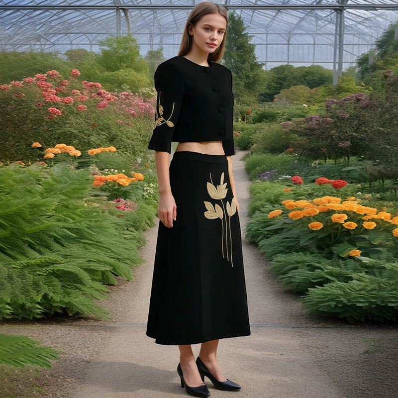 Spring Dignified Floral Machine Embroidery Top High Waist Floral Skirt Two Piece Sets Women Bella Mia