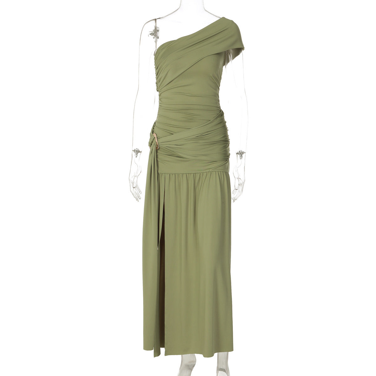 Arrival Sexy Oblique Shoulder Strapless Long Type Slim Fitting Patchwork Metal Decorative Ribbon Dress
