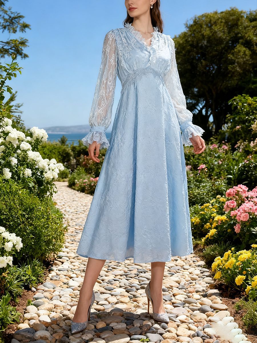 Lace Long Sleeve Elegant Dress Autumn High Sense V neck Waist Controlled Slimming Dress Women Bella Mia
