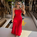 Women Solid Color Sleeveless Split Hip Strap Backless Dress Bella Mia