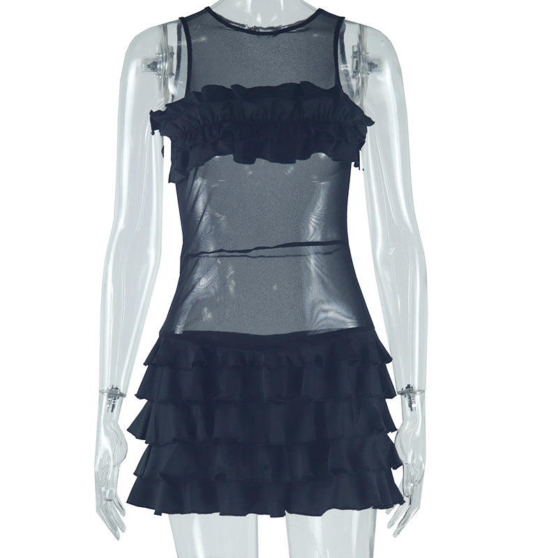 Women Clothing Solid Color Frillies Swing Hip Round Neck Sleeveless Sexy Dress Bella Mia