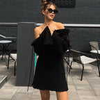 Woolen Sexy Tether Backless Dress Winter Horn Long Sleeve Solid Color Short Dress Bella Mia