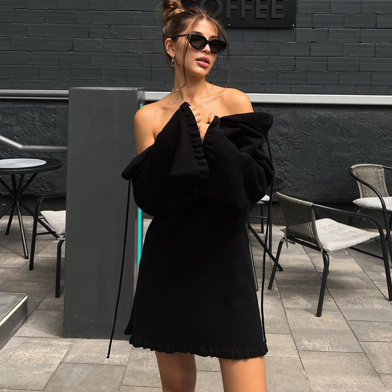 Woolen Sexy Tether Backless Dress Winter Horn Long Sleeve Solid Color Short Dress Bella Mia