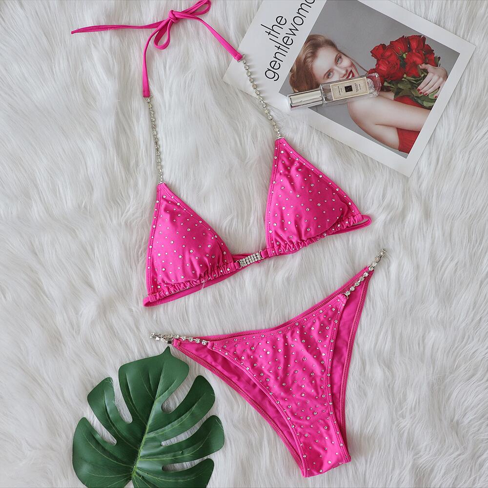 New Bikini Sexy Crystal Diamond Chain Split Women Swimsuit Solid Color Lace-up Bikini Bella Mia