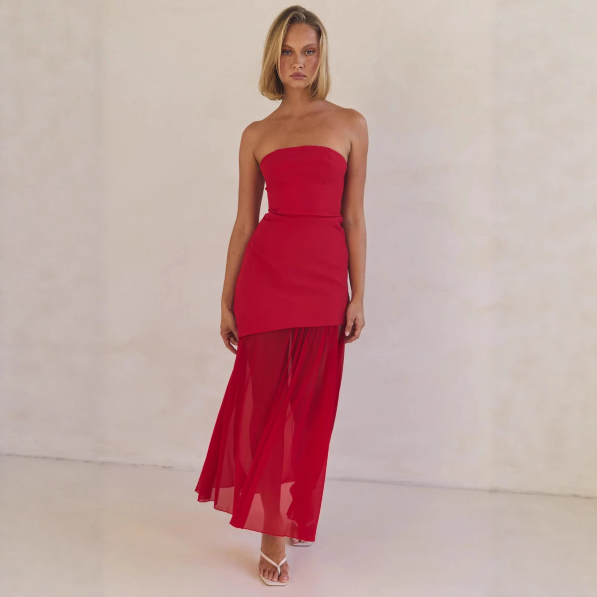Elegant Sexy Tube Top Package Hip Mesh Stitching Solid Color Dress Long Bella Mia
