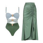 Round Buckle Decorative Color Matching Hollow Out Cutout out Swimsuit Set Women Bella Mia