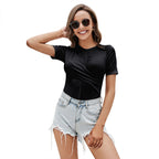Summer Slimming Slim Fit Bodysuit round Neck Short Sleeve Solid Color Base Shirt Irregular Asymmetric Cinched Design Women Clothing Bella Mia