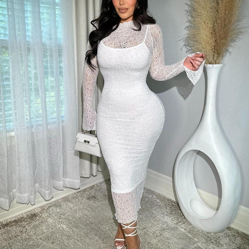 Women Clothing Summer Sexy Slim Fit Lace See through Long Sleeve Dress