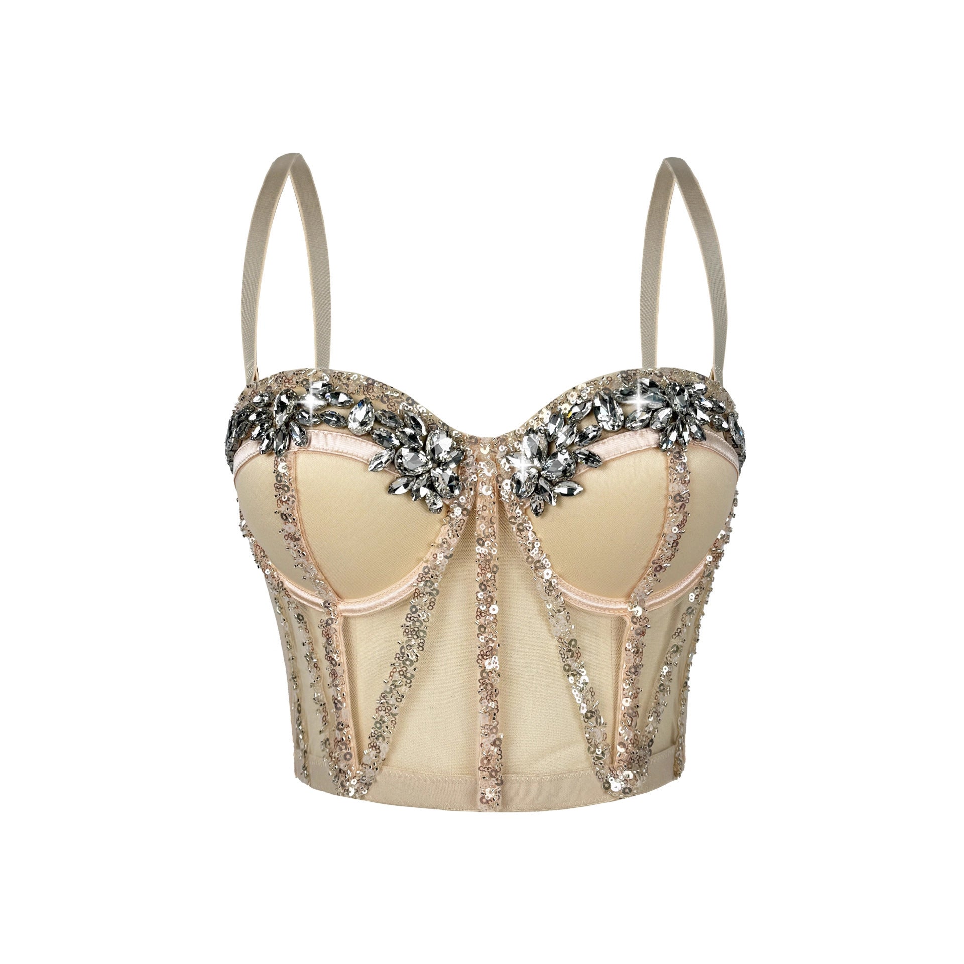 Rhinestone Mesh Boning Corset Bra Semi-Transparent Sexy Slimming Sling Bandeau Slim Fit Rhinestone Boning Corset Top Stage Bella Mia