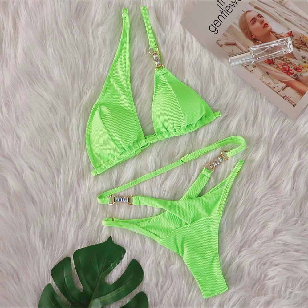 Sexy Bikini Crystal Diamond Striped Strap Split Women Swimsuit Bella Mia