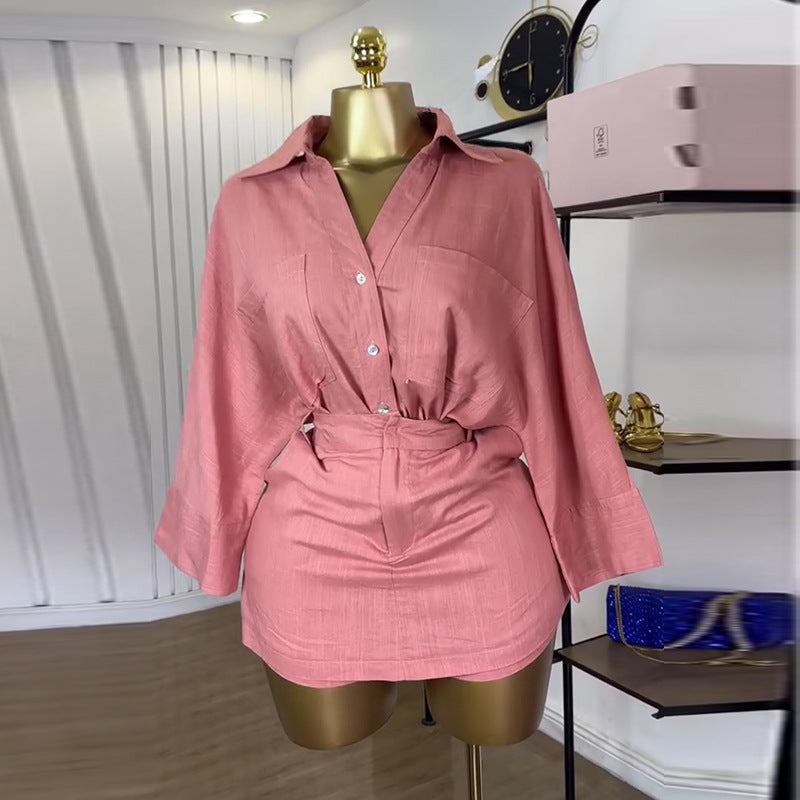 Women Clothing Summer Sweet Comely Turn down Collar Batwing Sleeve Shirt High Waist Culottes Two Piece Set Bella Mia
