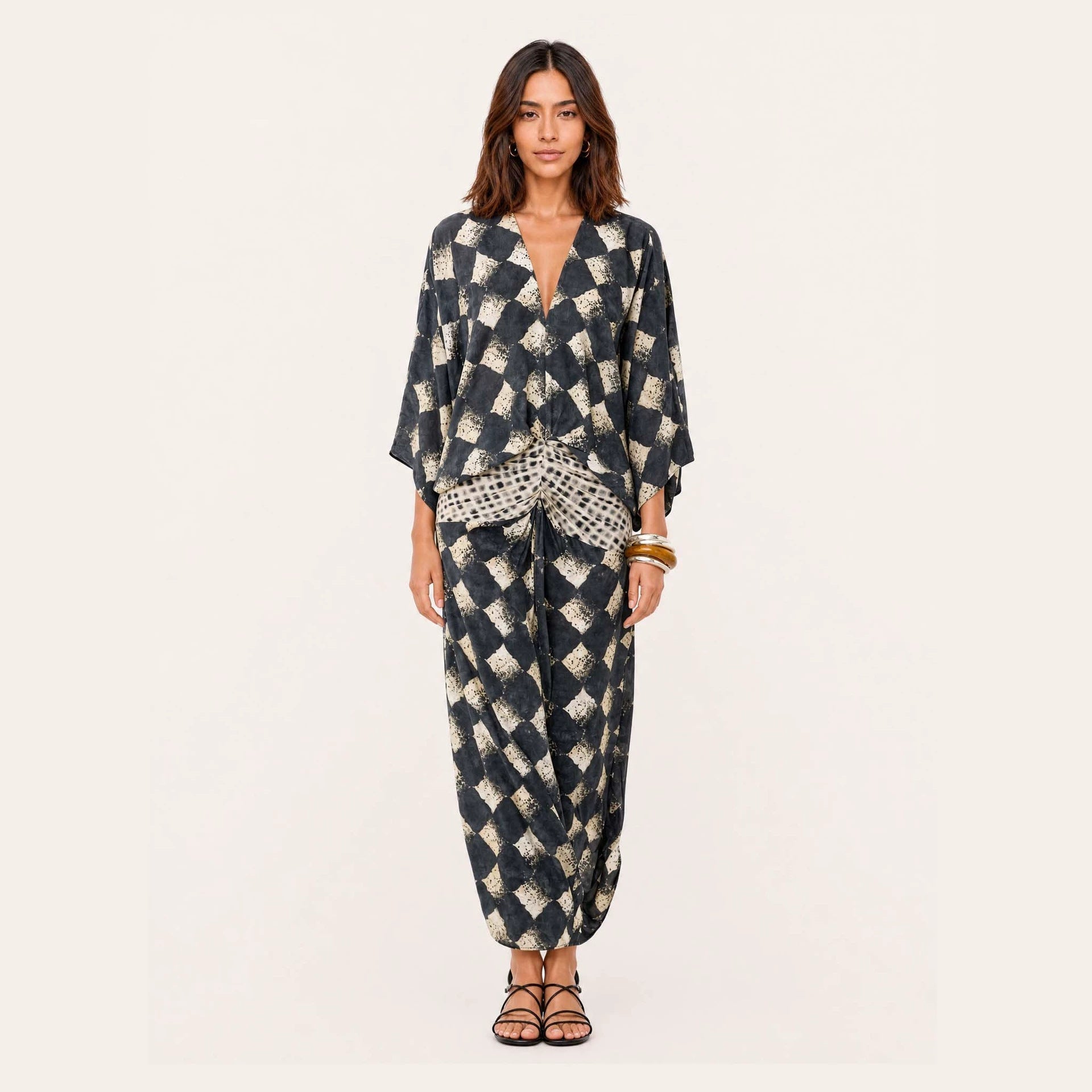 Spring Summer Artificial Linen Printed Batwing Sleeve Dress Loose Vacation Dress for Women