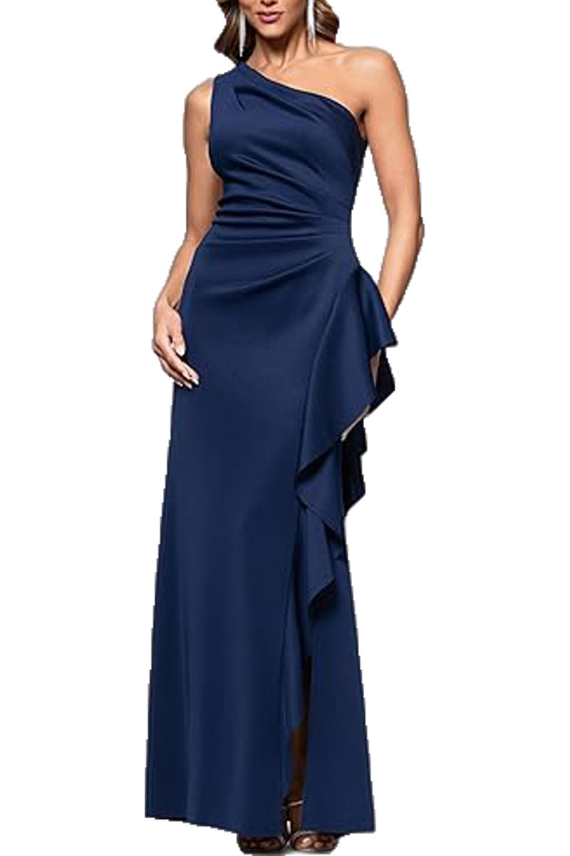 One Shoulder Elegant Solid Color Slim Waist Split Fishtail Side Ruffled Evening Dress Bella Mia