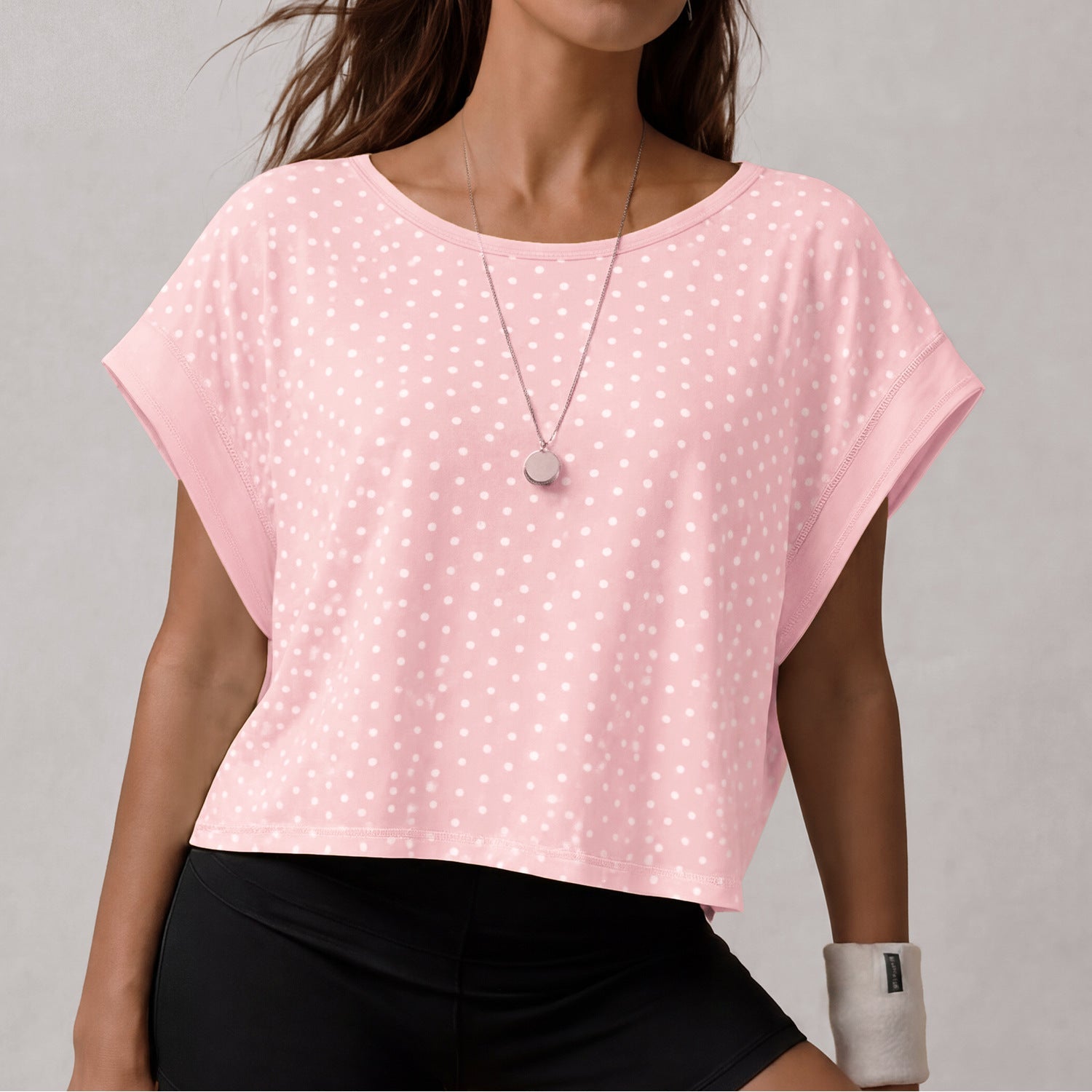 Hollow Out Cutout Polka Dot Lazy Relaxed Loose Exercise Blouse Women Breathable Training Short Sleeve Workout Yoga Top