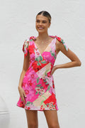 Summer Dress Printed V neck Lace up Mini Sling Dress Bella Mia