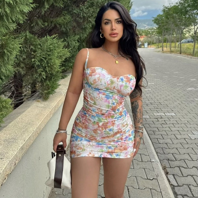 Summer Printed Sexy off the Shoulder Hip Spaghetti Straps Dress Women Clothing Bella Mia