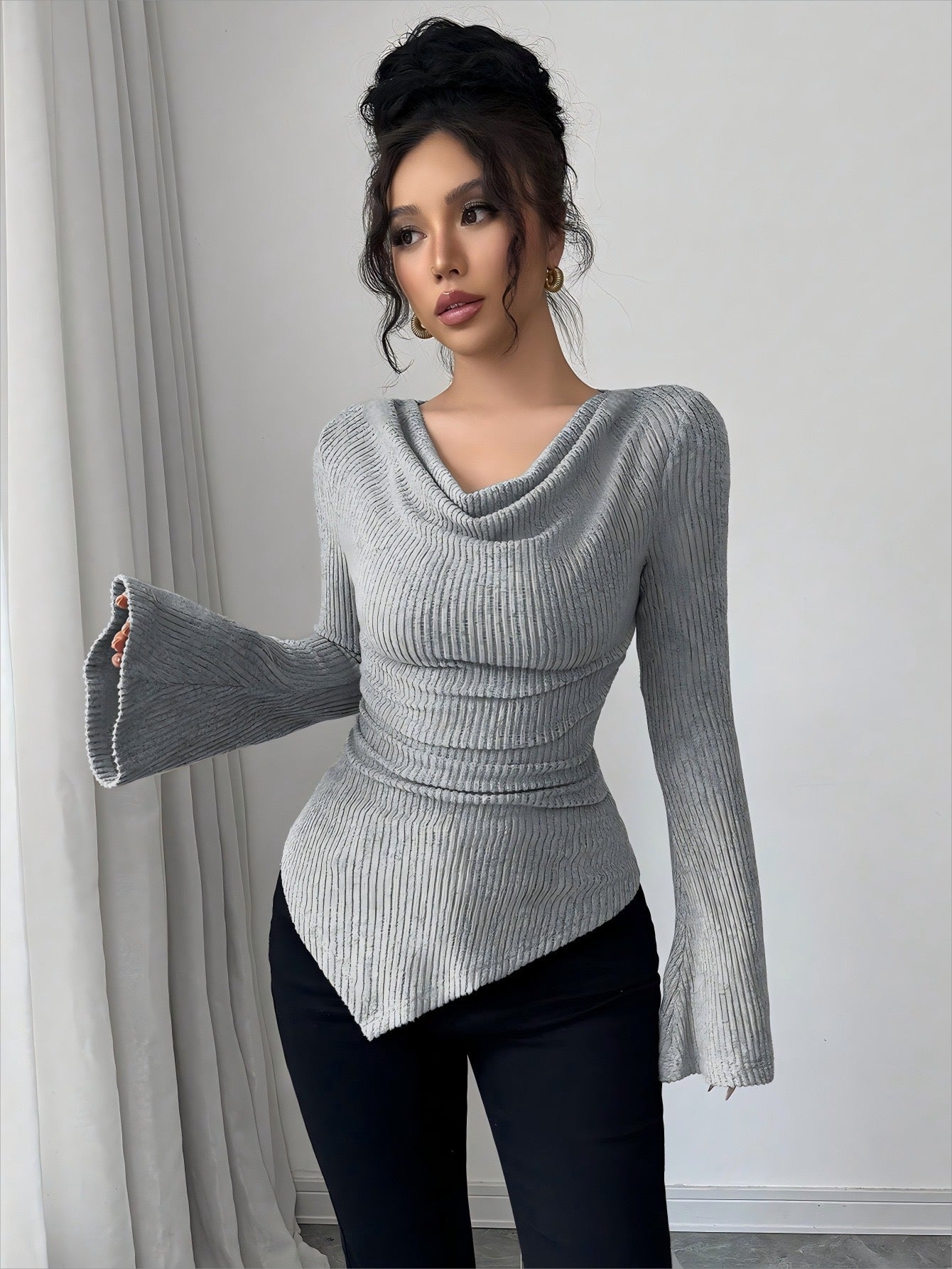 Autumn Winter Women Clothing Ribbing Bottoming Sweater off the Shoulder Slim Knitted Long Sleeved Top Office Bella Mia