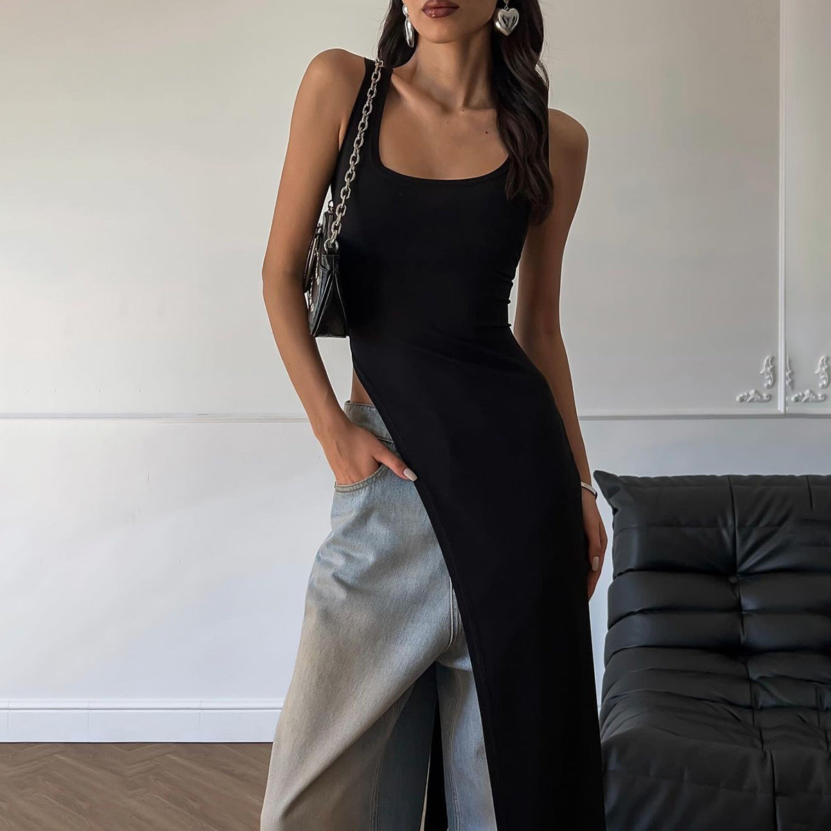 Women Clothing Summer Street Shooting Personality Slim Fit Split Shoulder Strap Dress Bella Mia