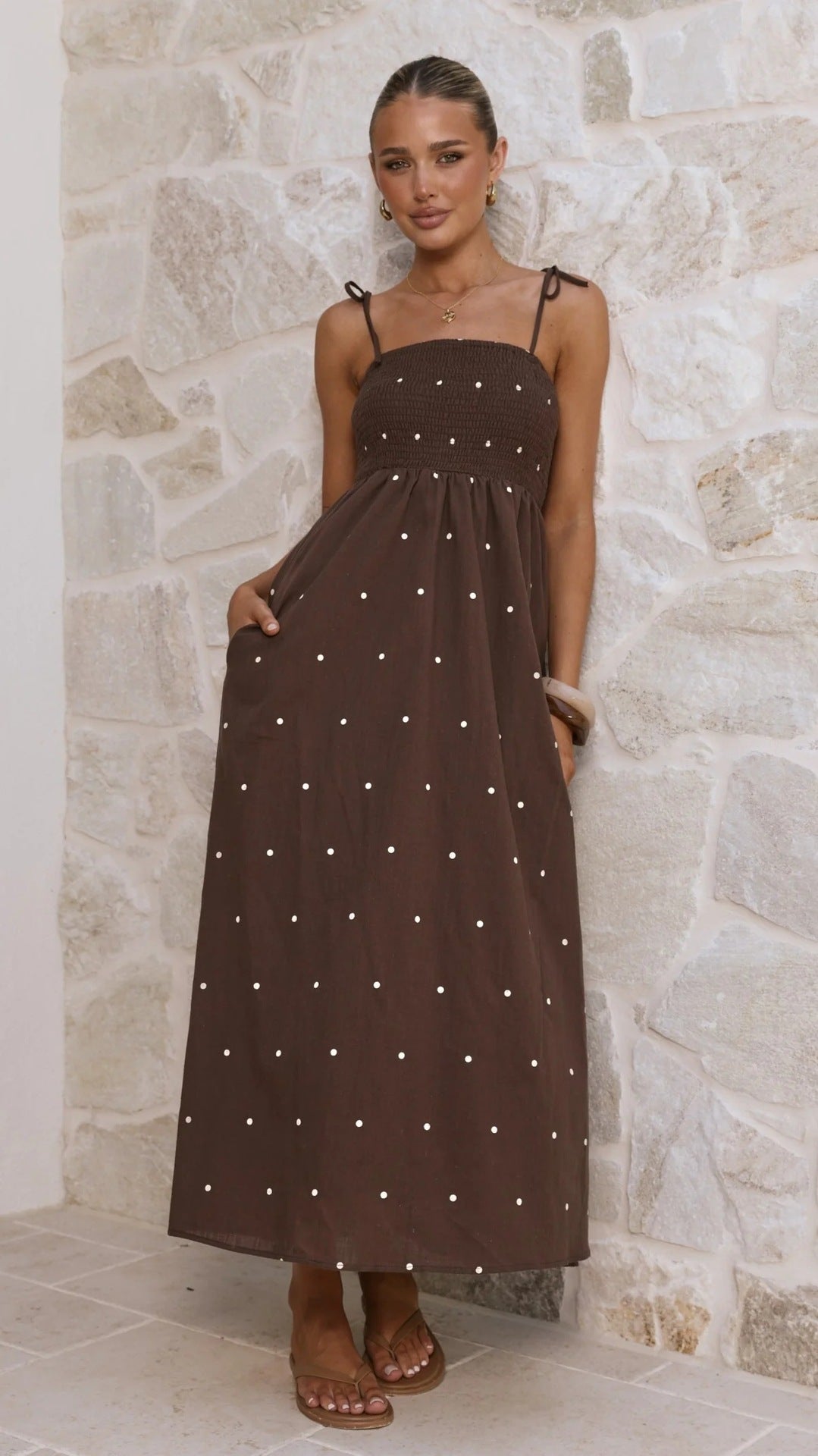 Polka Dot Printing Slip Dress Summer Tied High Waist Dress Women Dress