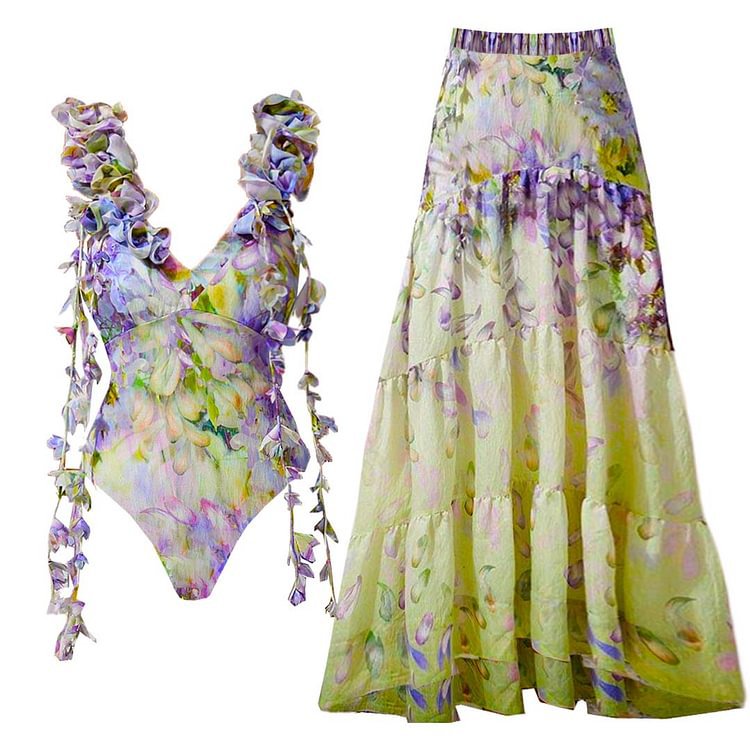 3D Floral Decorative Printed Tassel One Piece Swimsuit Women Clothes Bella Mia