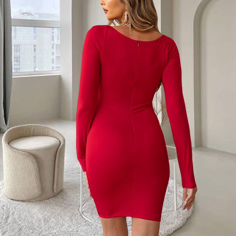 Elegant V neck Dress Autumn Winter Elastic Slim Fit Long Sleeve Red Vintage Dress Women Bella Mia